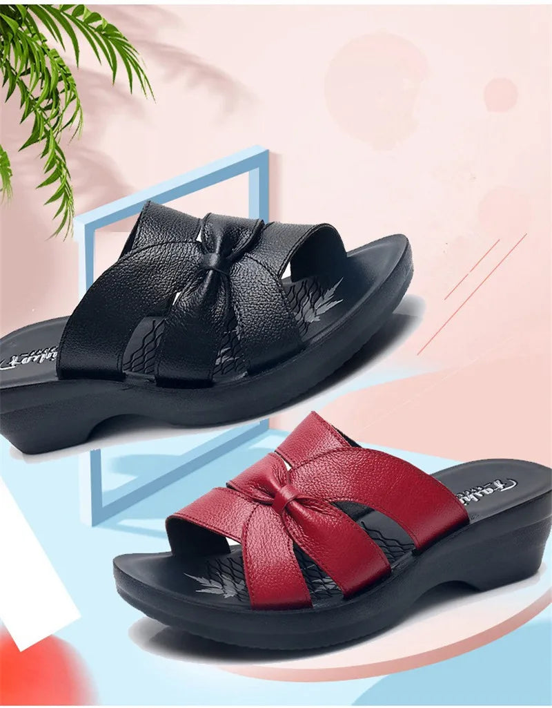 MVVJKE Summer Leather Wedge Women's Sandals: Soft, Non-Slip Seaside Slippers