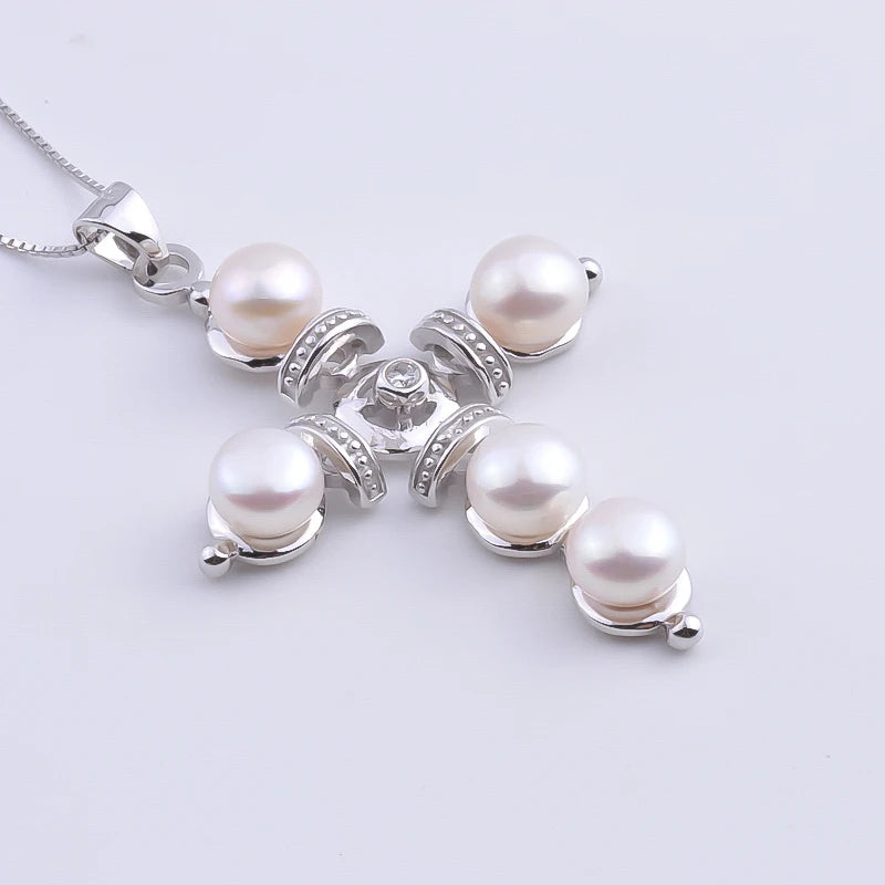 Silver Pearl Cross Pendant Necklace - Natural Freshwater Pearl with Zircon Accents