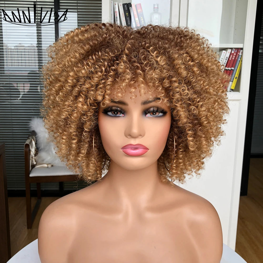 Afro Kinky Curly Wig: Short Style with Bangs