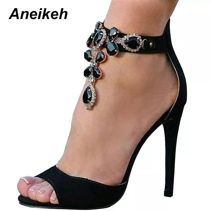 Aneikeh Black Crystal High Heel Sandals: Sexy Peep Toe Ankle Strap