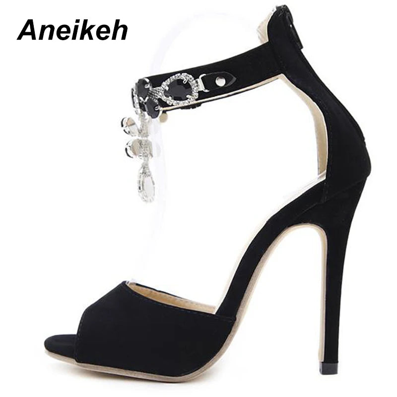 Aneikeh Black Crystal High Heel Sandals: Sexy Peep Toe Ankle Strap