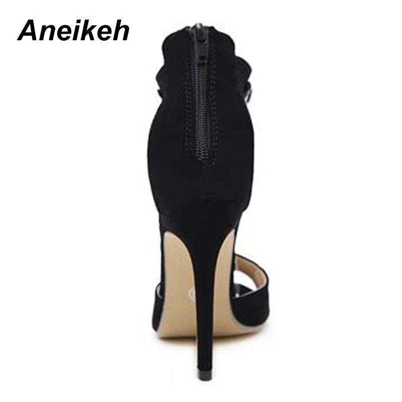 Aneikeh Black Crystal High Heel Sandals: Sexy Peep Toe Ankle Strap