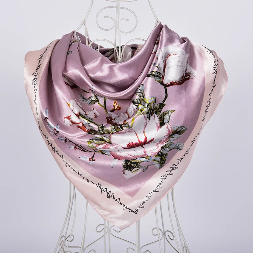 Spring & Autumn Satin Scarf: Big Square Printed Hijab for Women, 90*90cm