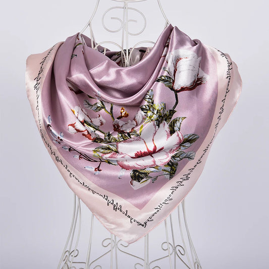 Spring & Autumn Satin Scarf: Big Square Printed Hijab for Women, 90*90cm