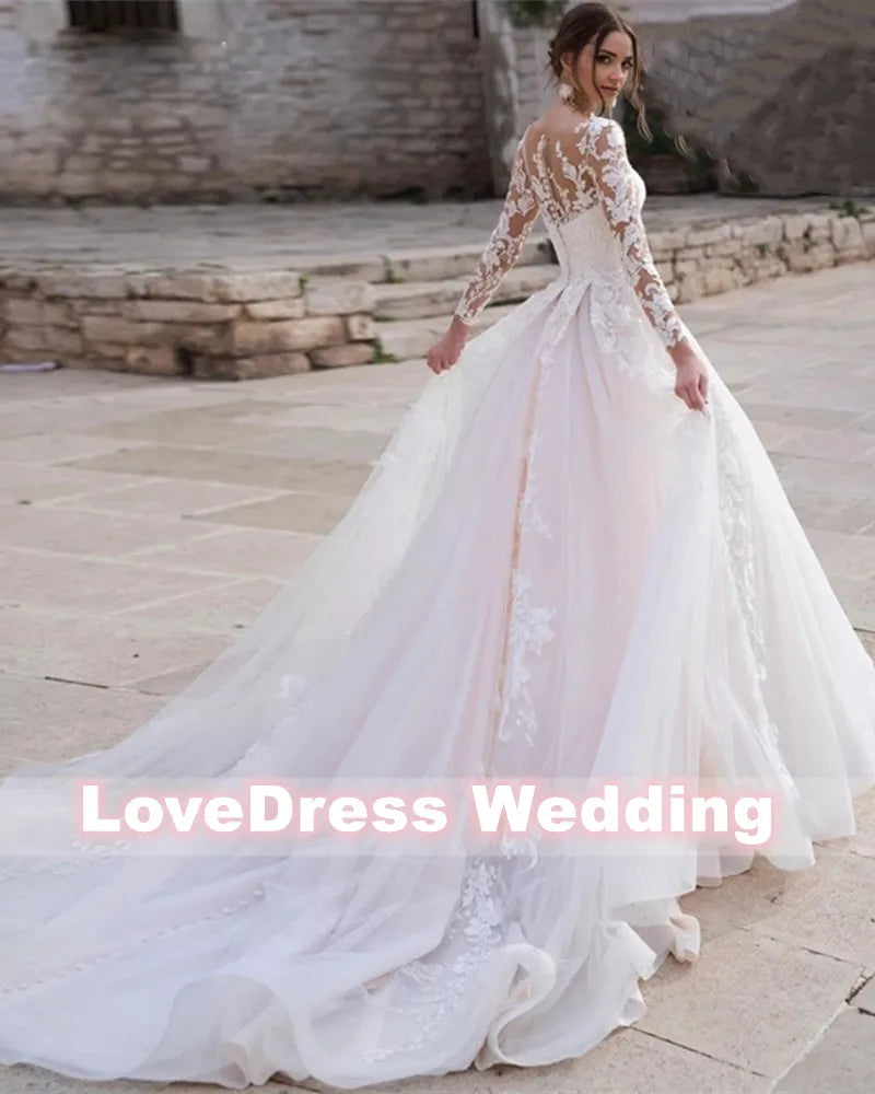 Luxury Pink Ball Gown Wedding Dress with Long Sleeves