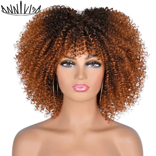 Afro Kinky Curly Wig: Short Style with Bangs