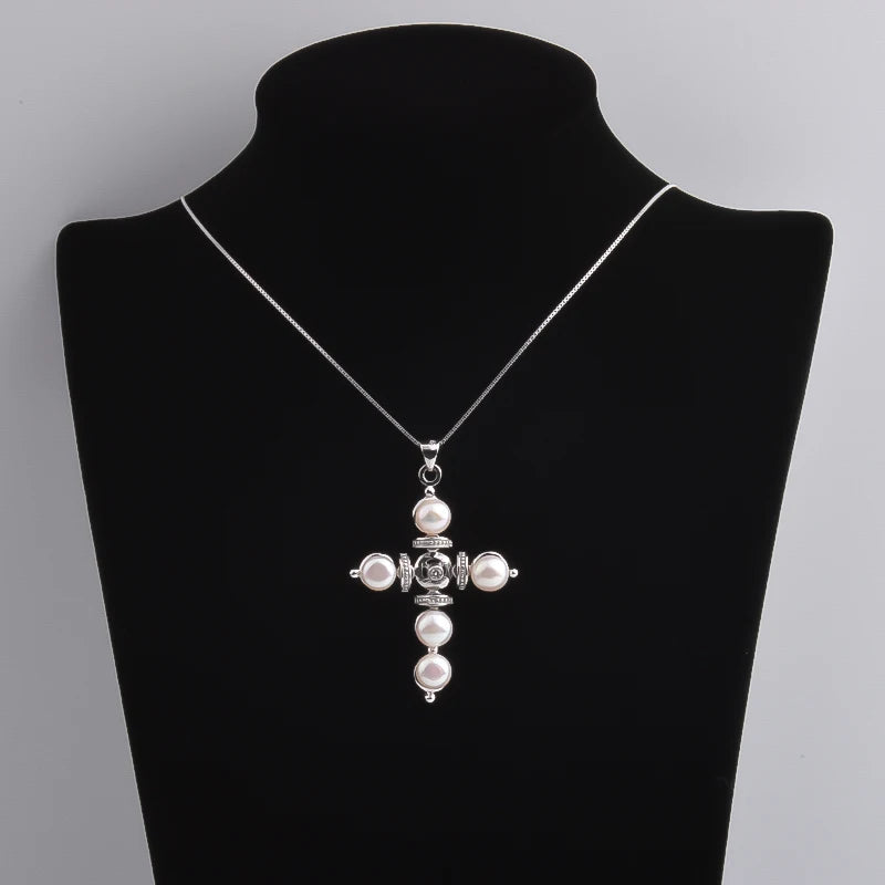 Silver Pearl Cross Pendant Necklace - Natural Freshwater Pearl with Zircon Accents