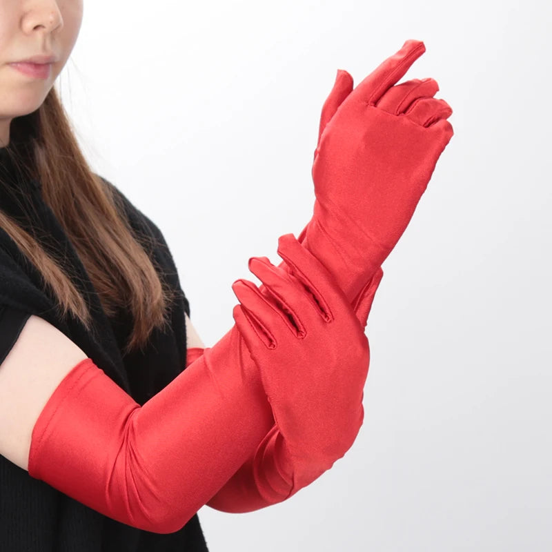 Classic Black Stretch Satin Opera Gloves: Elegant Fashion Accessory for Women