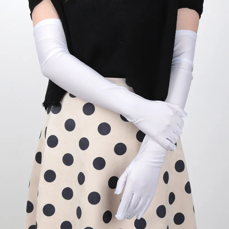 Classic Black Stretch Satin Opera Gloves: Elegant Fashion Accessory for Women