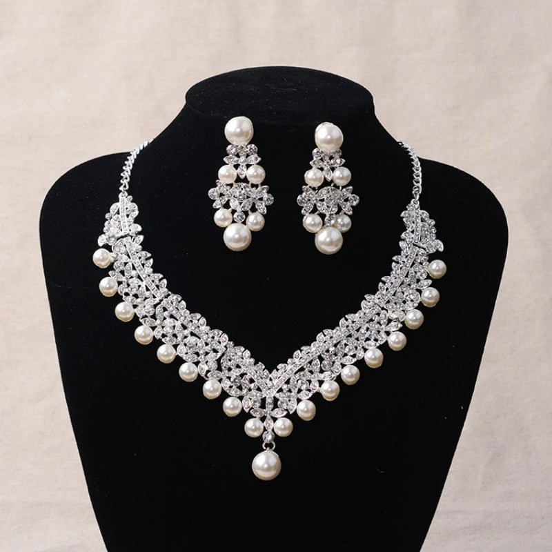 Crystal Pearl Bridal Jewelry Set Rhinestone Necklace Earring Tiara Crown Set