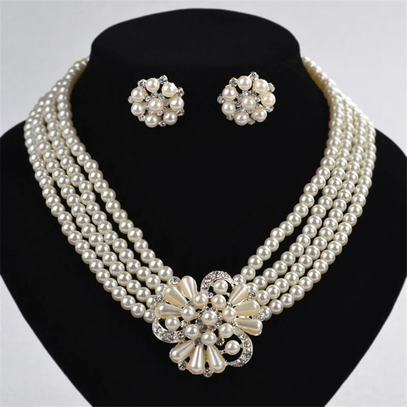 Vintage Multi-Layer Pearl Jewelry Set with Adjustable Big Flower Necklace