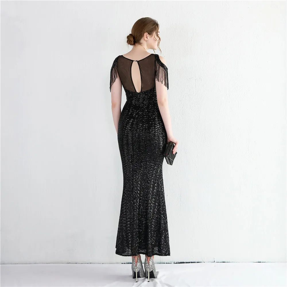 Off Shoulder Black Sequins Evening Dress