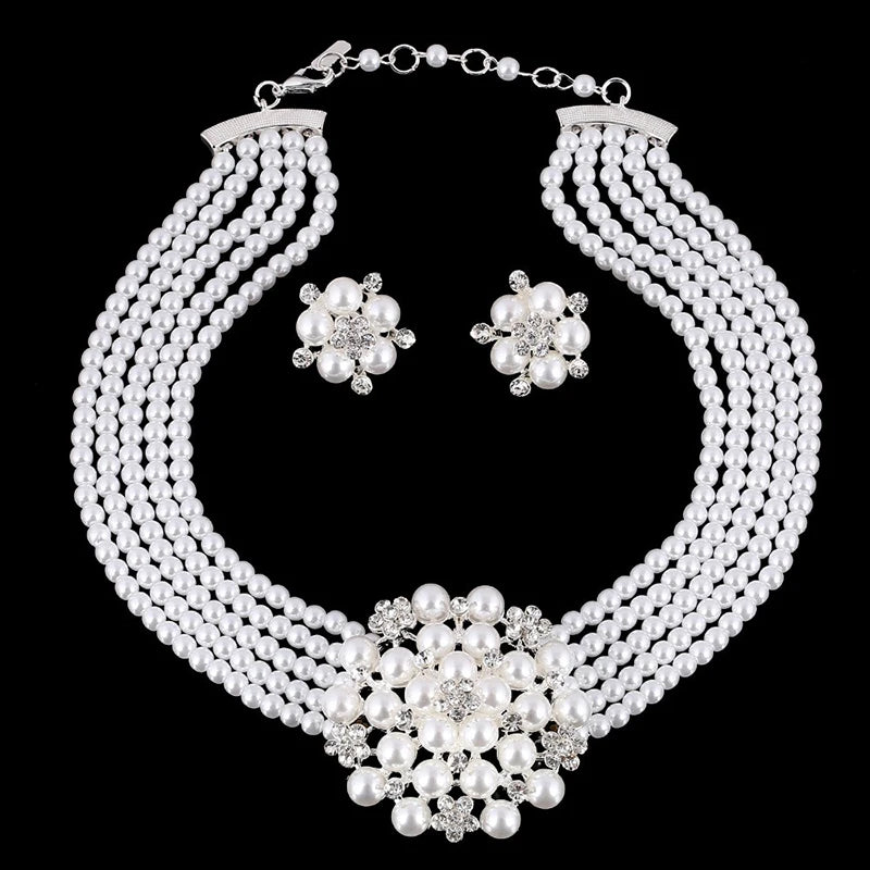 Vintage Multi-Layer Pearl Jewelry Set with Adjustable Big Flower Necklace