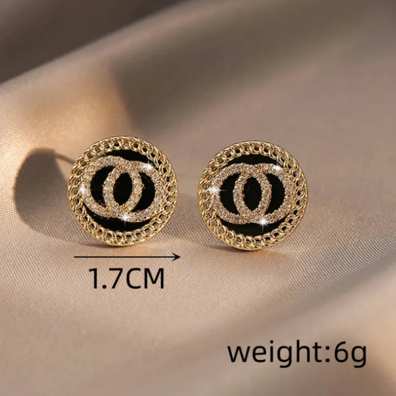 Korean Style Black Enamel Crystal Double Round Circles Stud Earrings: Sweet and Simple Jewelry for Women