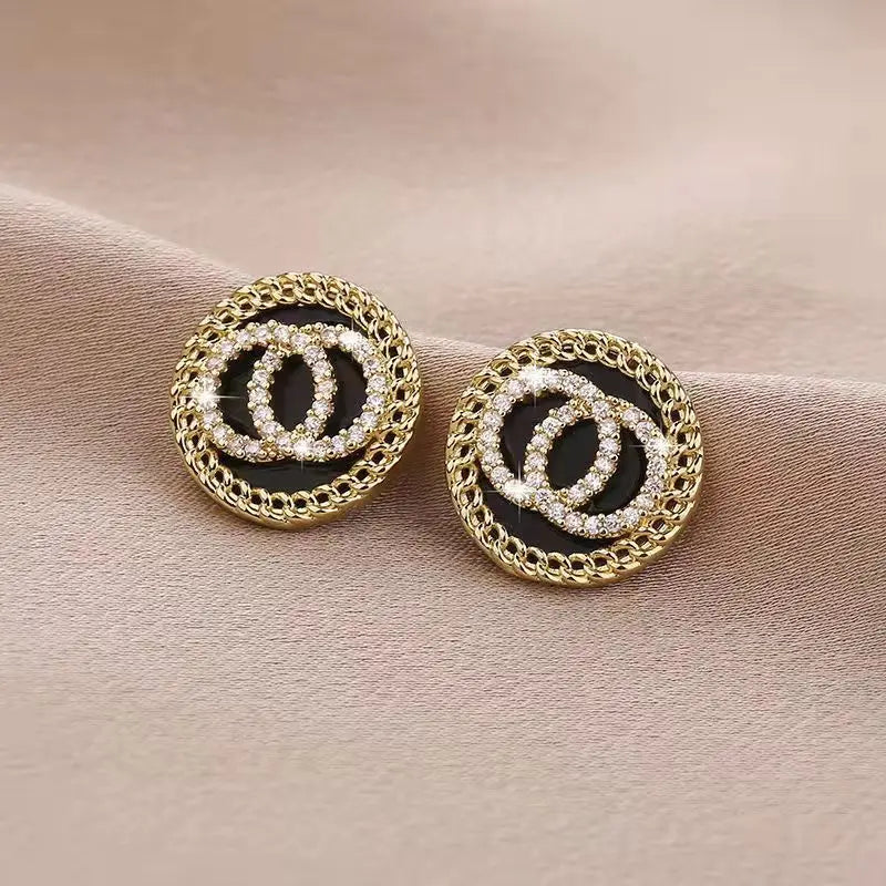 Korean Style Black Enamel Crystal Double Round Circles Stud Earrings: Sweet and Simple Jewelry for Women