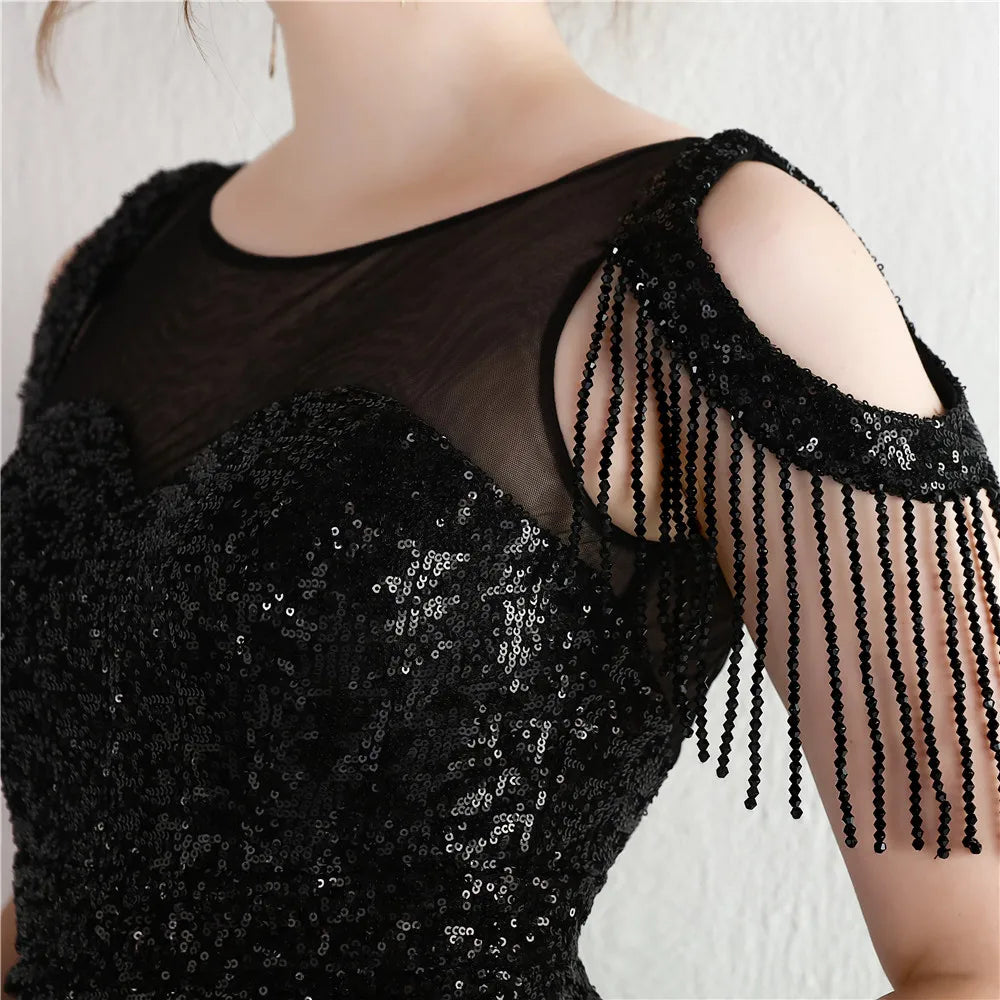 Off Shoulder Black Sequins Evening Dress