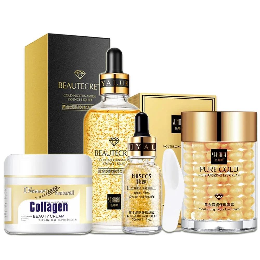 24K Gold Facial Skin Care Set: Essence, Serum, Collagen Cream - Korean Beauty for Anti-Wrinkles