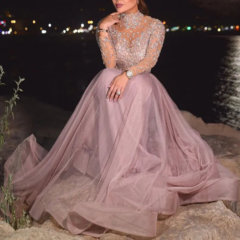 Elegant Pink Sequin Long Sleeve Luxury Dress for Weddings and Parties