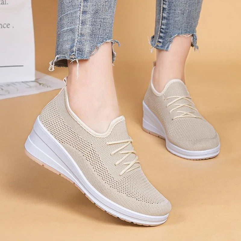 Lucyever Mesh Wedge Sneakers: White, Comfy, Non-Slip