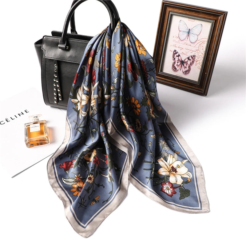 70cm Silk Satin Square Scarf: Luxury Shawl Wrap with Print Design