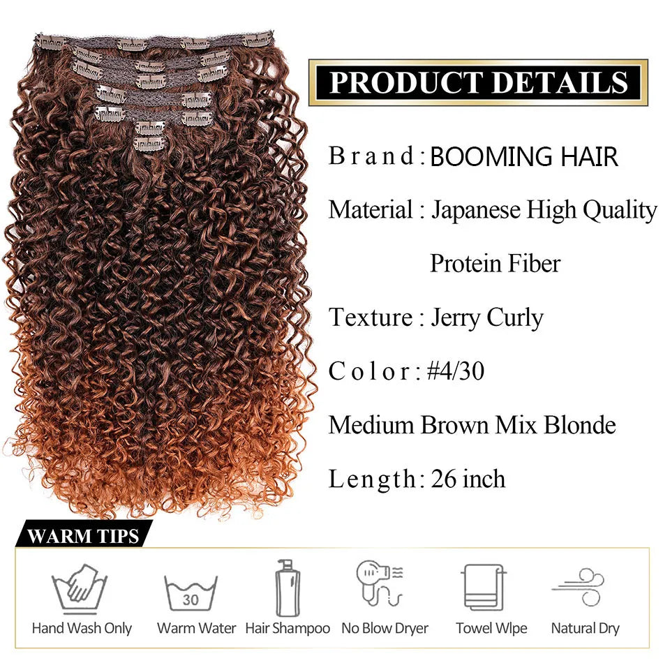 Long Jerry Curly Clip-In Hair Extensions - 7 Pcs Synthetic Full Head Afro Curls, Natural-Looking, 26”/65cm