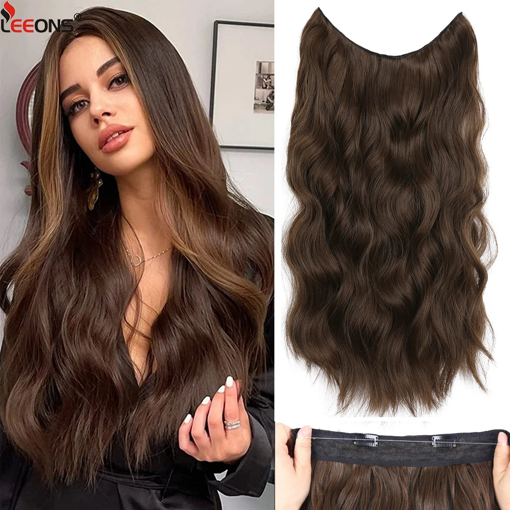 Two-Clip Invisible Wire Extensions: Synthetic Long Wavy Hairpiece in Black/Brown for Women