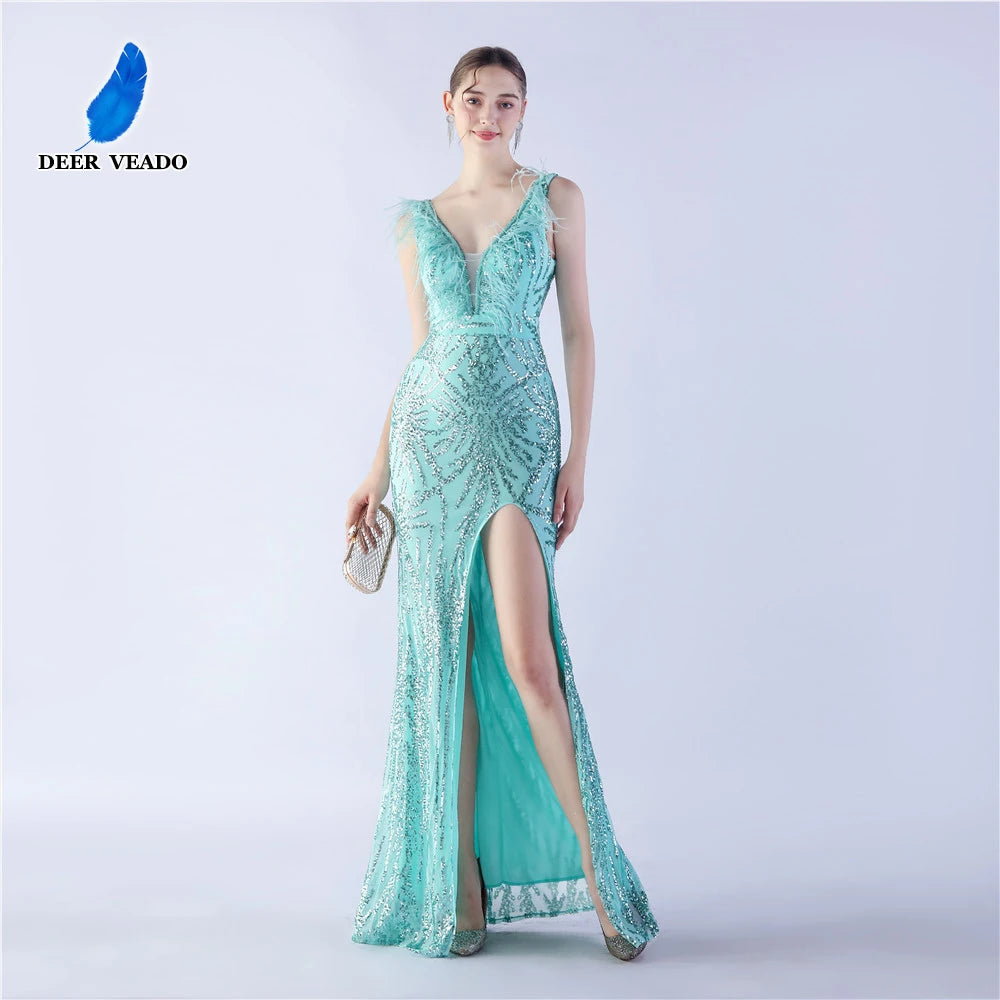 Deep V Neck Sequins Evening Dress for Woman