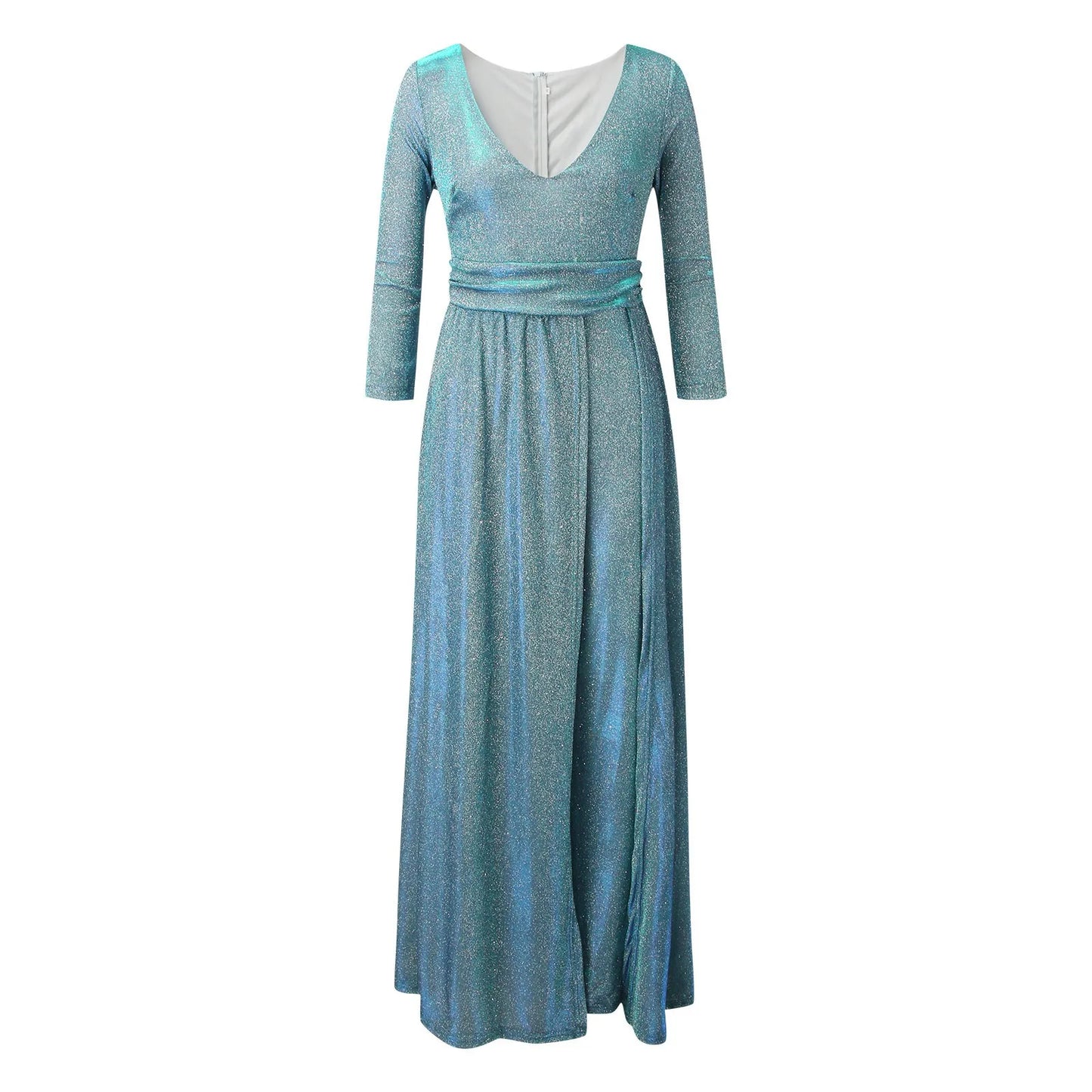 Elegant Evening Dress: Shiny Sequin, Long Sleeved, V-Neck Gown with Large Skirt Hem, Ideal for Special Occasions