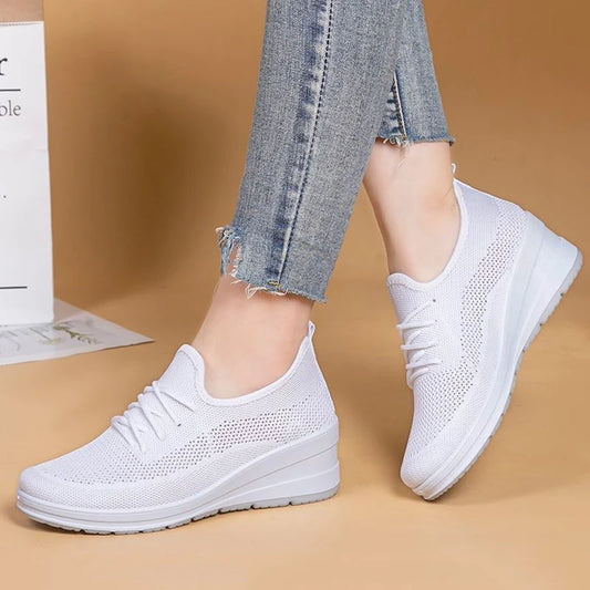 Lucyever Mesh Wedge Sneakers: White, Comfy, Non-Slip