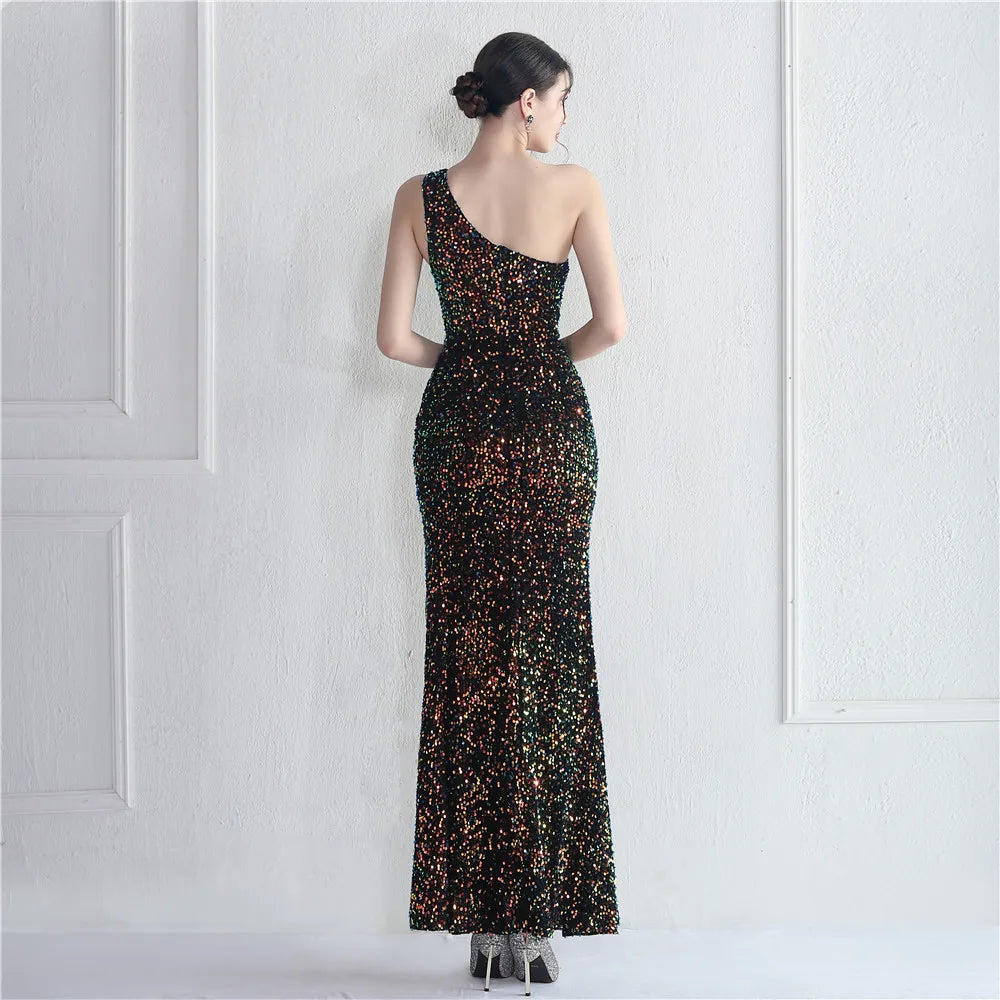 One Shoulder Slit Evening Dress Long