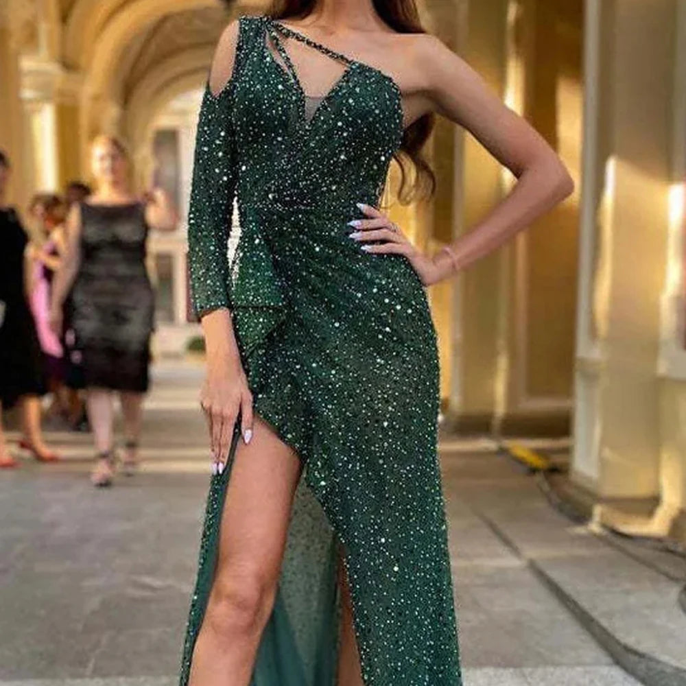 Vintage Evening Dresses: Luxury Sequined, Sexy One-Shoulder Gown with High Side Split, Perfect for Formal Parties and Proms