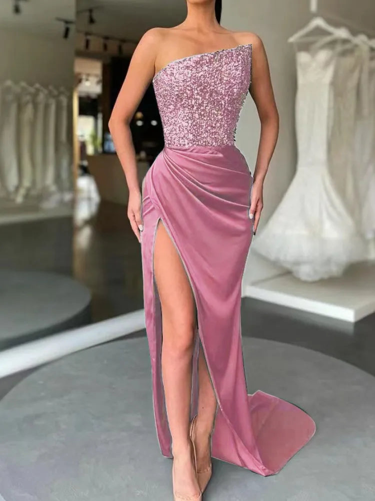 Elegant Sequin Bodycon Maxi Evening Dress: Strapless, High Split, Perfect for Birthday Parties and Summer