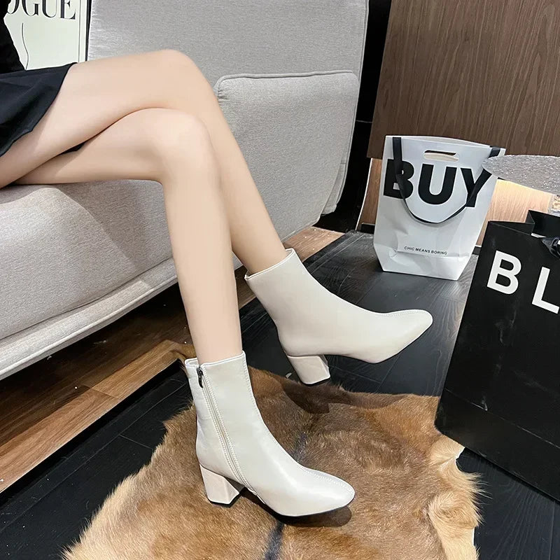 Square Ladies Boots: Medium Heeled Leather Ankle Boots