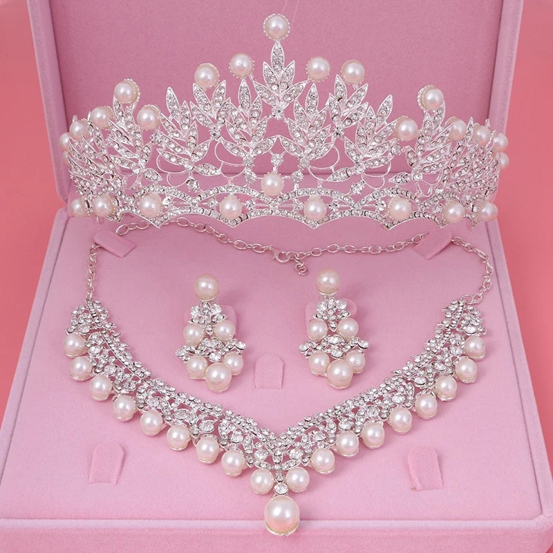 Crystal Pearl Bridal Jewelry Set Rhinestone Necklace Earring Tiara Crown Set