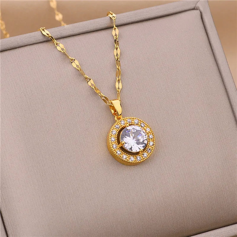 MEYRROYU Luxury Zircon Crystal Pendant Necklace: Stainless Steel Women's Jewelry