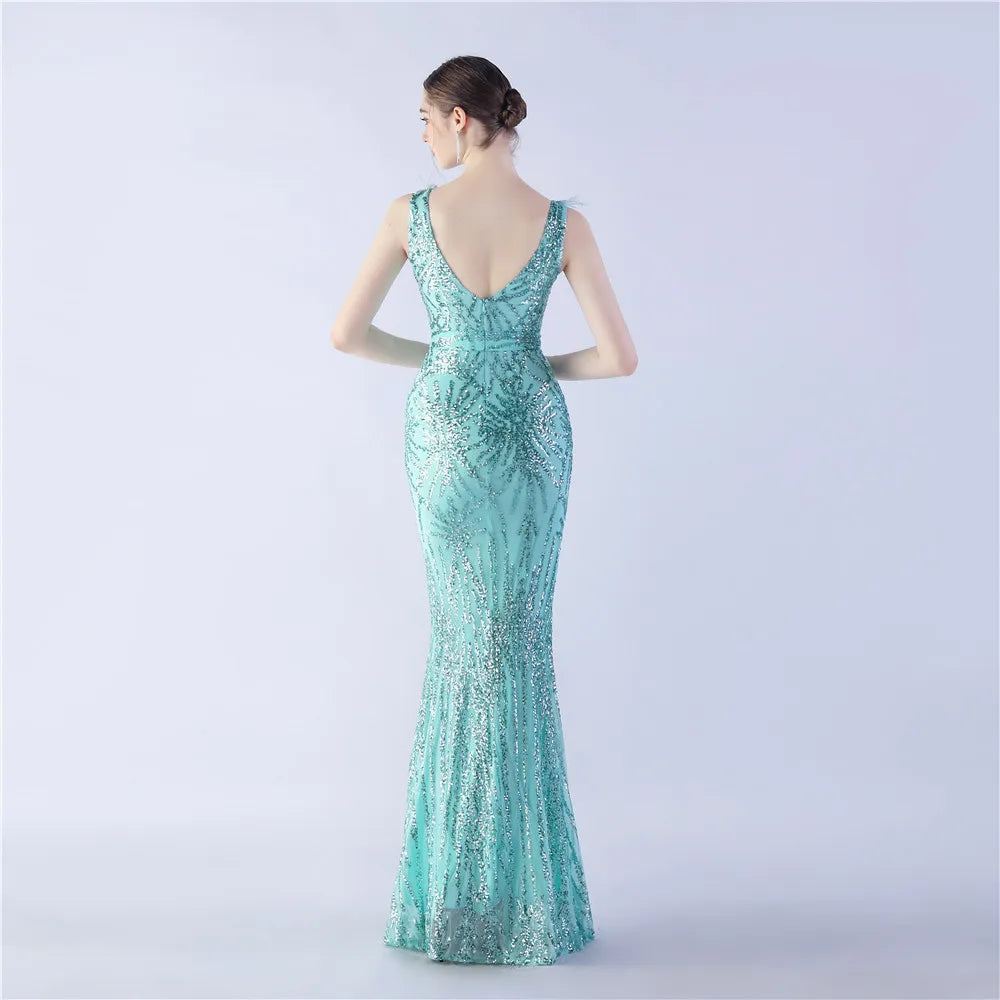 Deep V Neck Sequins Evening Dress for Woman