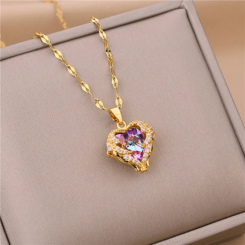 MEYRROYU Luxury Zircon Crystal Pendant Necklace: Stainless Steel Women's Jewelry