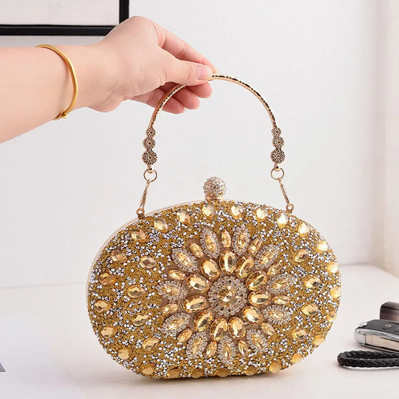 Sparkle at any event with our Flower Diamond Clutch. Luxury meets style with a metal handle and chain for added elegance