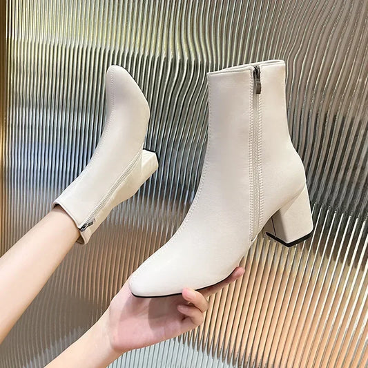 Square Ladies Boots: Medium Heeled Leather Ankle Boots