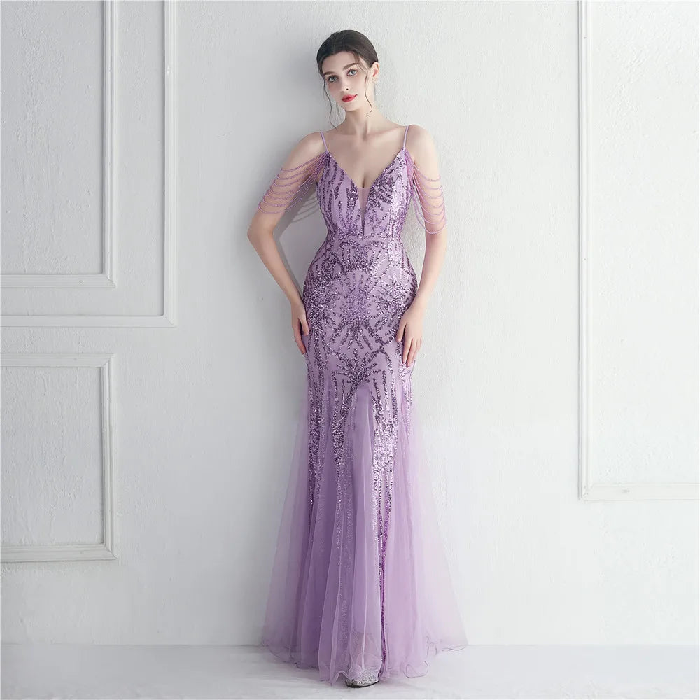 "V-Neck Sequin Mermaid Dress: Elegant Beaded Evening Gown for Women - Perfect for Parties."