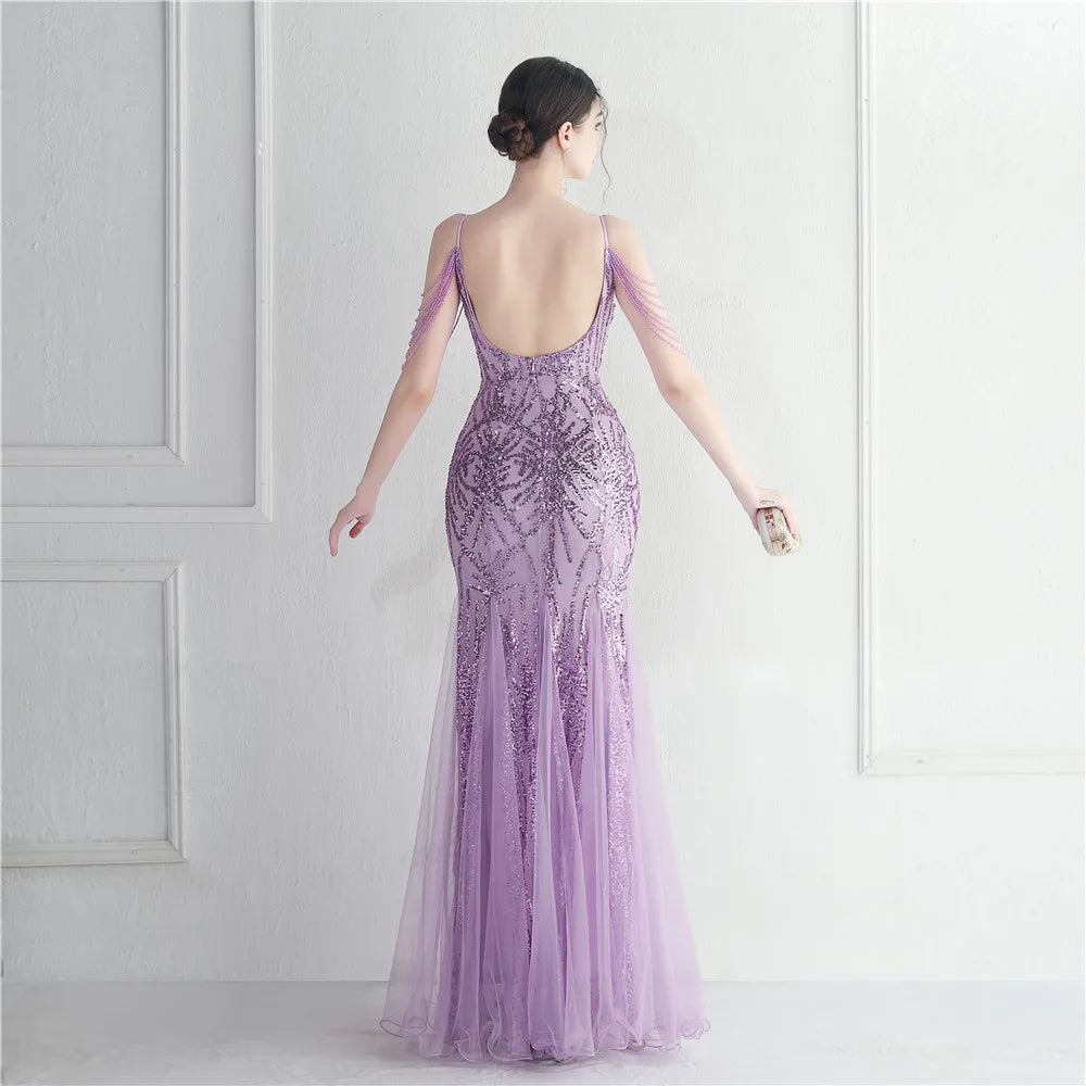 "V-Neck Sequin Mermaid Dress: Elegant Beaded Evening Gown for Women - Perfect for Parties."