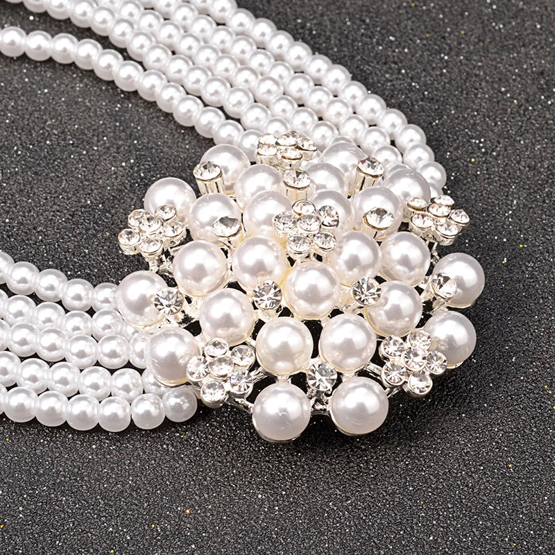 Vintage Multi-Layer Pearl Jewelry Set with Adjustable Big Flower Necklace