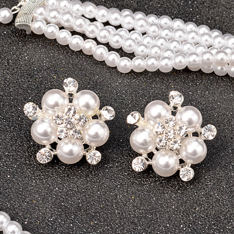 Vintage Multi-Layer Pearl Jewelry Set with Adjustable Big Flower Necklace